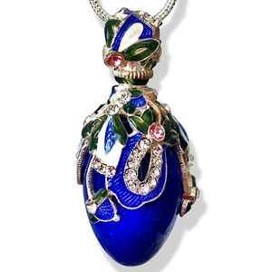 ENAMEL FLOWERS STERLING Silver Blue Lapis Faberge Art Deco Pendant Swarovski 24"